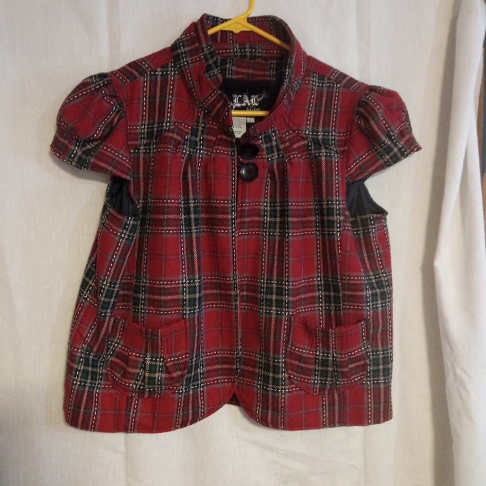 Live A Little Plaid Vest Jacket Sz L Cap Sleeve Lined Academia Preppy Tailored
